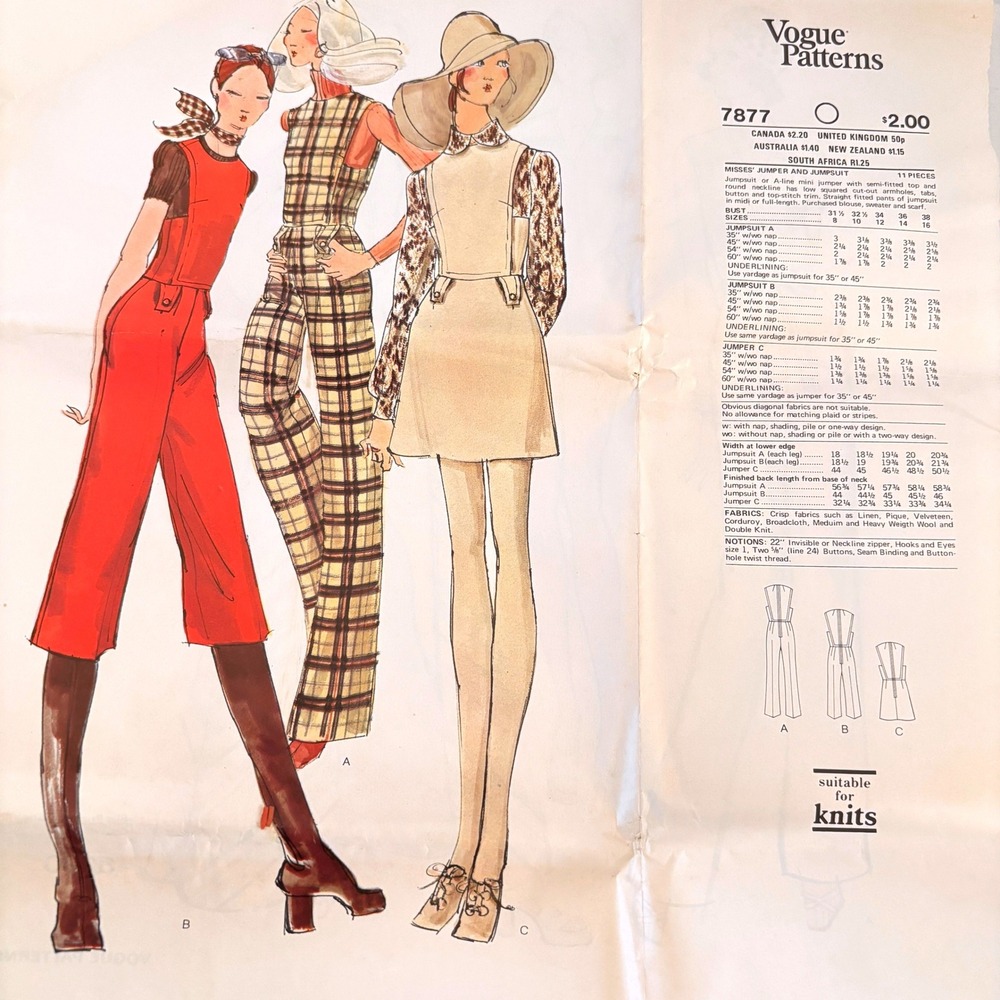 Vogue 7877 RARE Pinafore Jumpsuit Mini Dress Sz 10 Vtg 1970 Catalog Pg UNCUT